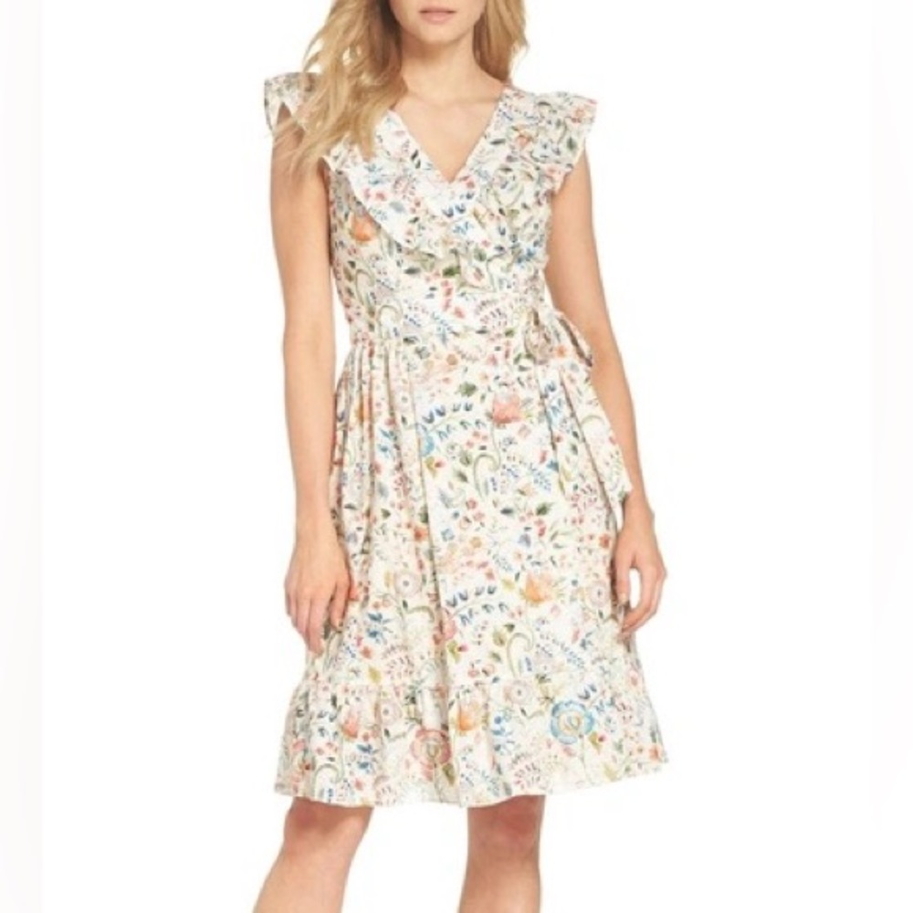 Adelyn Rae Anthropologie floral eyelet ruffle wrap dress